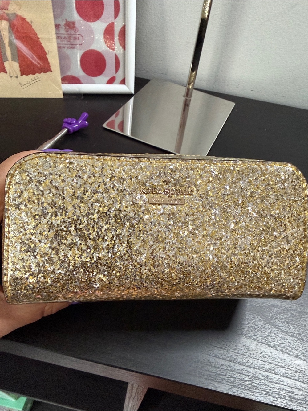 kate spade gold glitter cosmetic pouch - Picture 2 of 7
